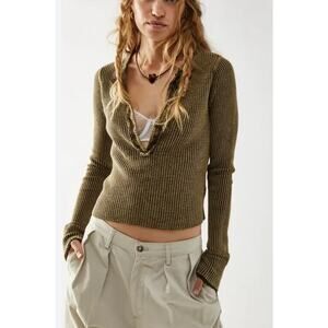 Free People Olive Waffle Knit Top